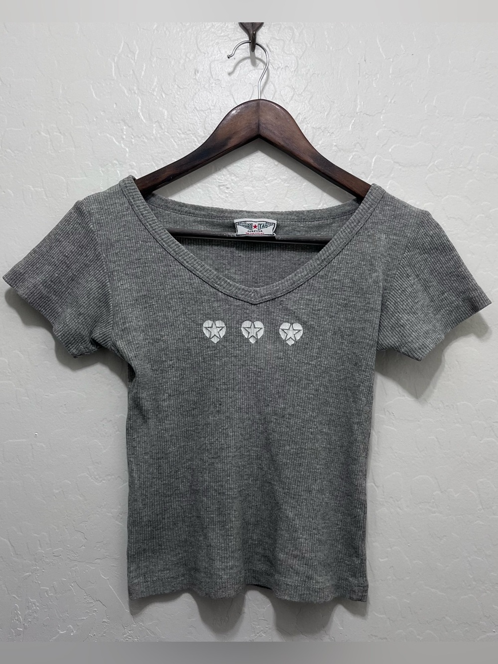 Hard Tail Forever Vintage Y2K Gray Ribbed Heart Star Baby Tee V-Neck